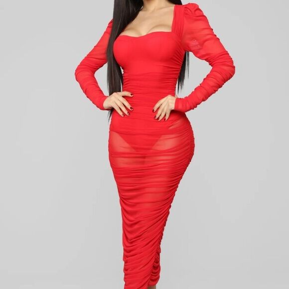 Fashion Nova Mesh With His Head Ruched Dress – Red Lrg - Picture 2 of 14